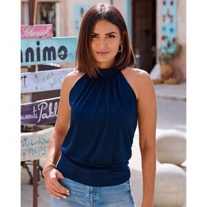 Boston Proper Navy Blue Halter High Neck Banded-Bottom Mock-Neck Knit Top XS (2)